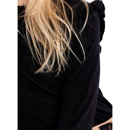 Pull noir uni à coupe droite doté de froufrous aux épaules et un col rond - Image 5