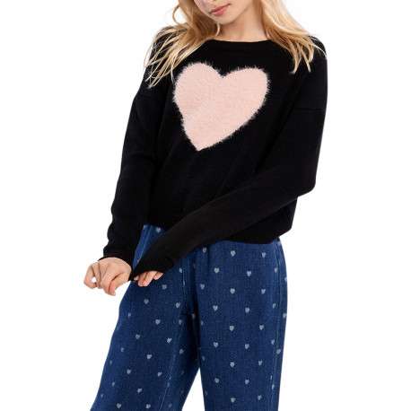 Pull noir avec un coeur sur la poitrine doté d'une coupe droite et col rond - Image 2