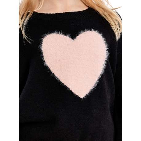 Pull noir avec un coeur sur la poitrine doté d'une coupe droite et col rond - Image 3