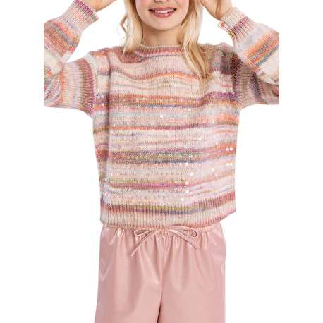Pull multicolore à rayures roses pourvu d'une coupe droite et un col rond