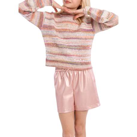 Pull multicolore à rayures roses pourvu d'une coupe droite et un col rond - Image 2