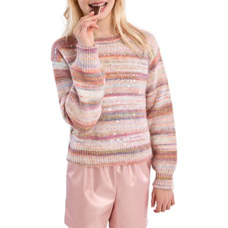 Pull multicolore à rayures roses pourvu d'une coupe droite et un col rond - Image 3