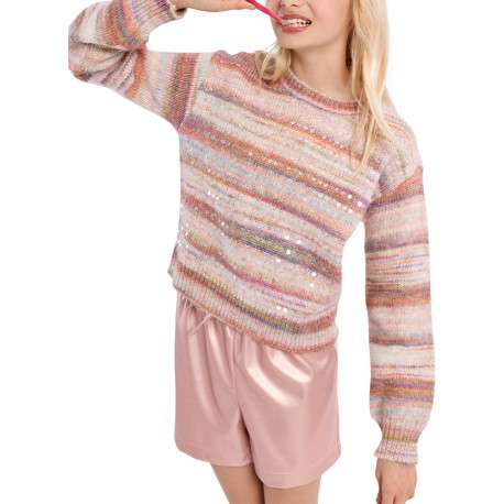 Pull multicolore à rayures roses pourvu d'une coupe droite et un col rond - Image 4