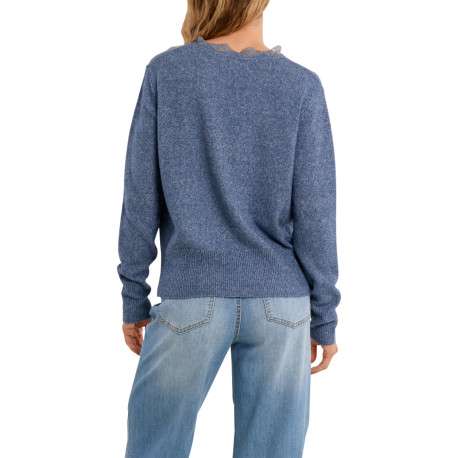Pull bleu clair uni pourvu d'une coupe droite d'un col V et des manches longues - Image 3