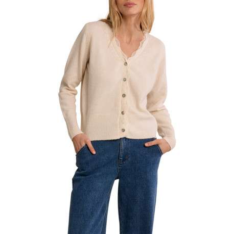 Pull écru avec une coupe droite et un col V orné de dentelle - Image 4