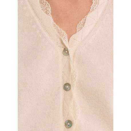 Pull écru avec une coupe droite et un col V orné de dentelle - Image 5