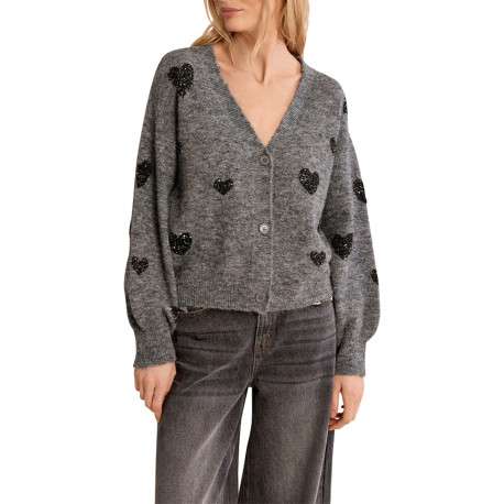 Pull gris à motifs coeurs pourvu d'une coupe droite et un col V