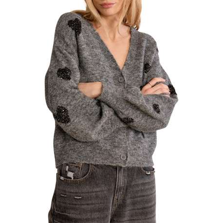 Pull gris à motifs coeurs pourvu d'une coupe droite et un col V - Image 3