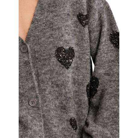 Pull gris à motifs coeurs pourvu d'une coupe droite et un col V - Image 4