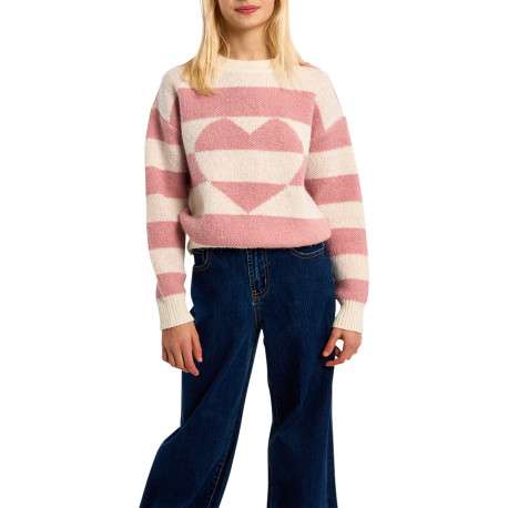 Pull rose et blanc à coupe droite avec un col rond et des manches longues