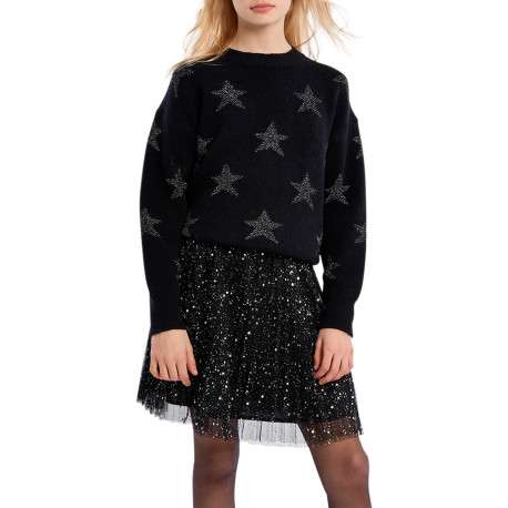 Pull noir agrémenté d'étoiles brodées à coupe droite avec un col rond