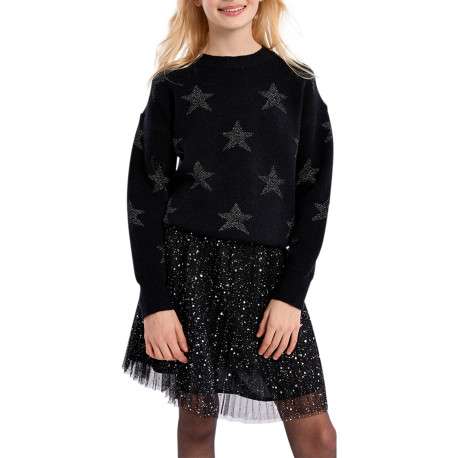 Pull noir agrémenté d'étoiles brodées à coupe droite avec un col rond - Image 3