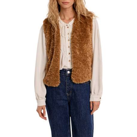 Veste sans manches camel en tissu poilu à coupe droite avec un col V