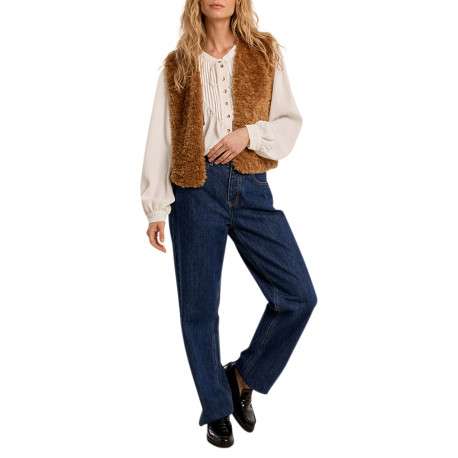 Veste sans manches camel en tissu poilu à coupe droite avec un col V - Image 2