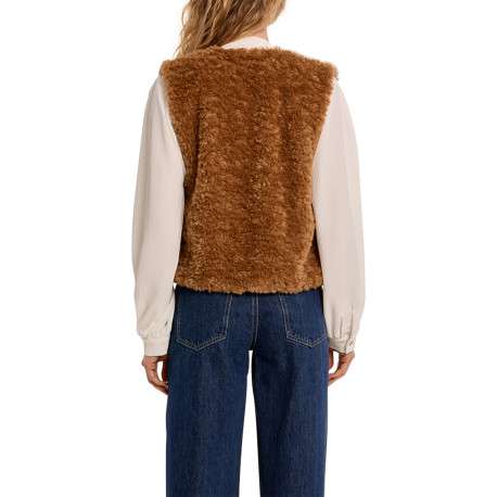 Veste sans manches camel en tissu poilu à coupe droite avec un col V - Image 3