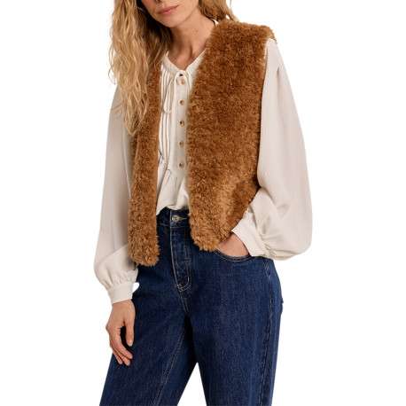 Veste sans manches camel en tissu poilu à coupe droite avec un col V - Image 4