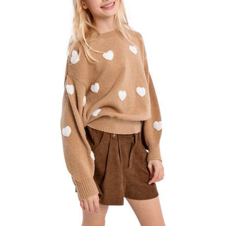 Pull beige à motifs coeurs en sherpa doté d'une coupe droite et un col rond