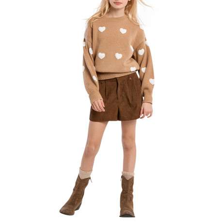 Pull beige à motifs coeurs en sherpa doté d'une coupe droite et un col rond - Image 2