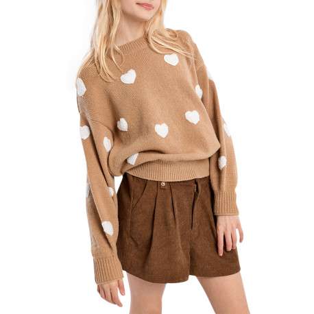 Pull beige à motifs coeurs en sherpa doté d'une coupe droite et un col rond - Image 3