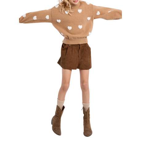 Pull beige à motifs coeurs en sherpa doté d'une coupe droite et un col rond - Image 4