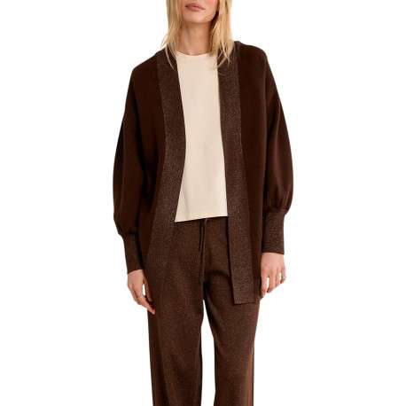 Gilet mi-long chocolat à coupe droite orné d'un liseré pailleté