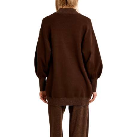 Gilet mi-long chocolat à coupe droite orné d'un liseré pailleté - Image 3