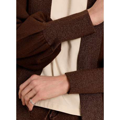 Gilet mi-long chocolat à coupe droite orné d'un liseré pailleté - Image 5