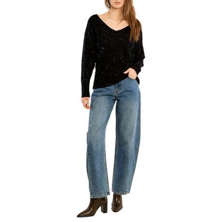 Pull noir orné de strasses avec une coupe droite un col V et des manches longues - Image 2