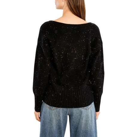 Pull noir orné de strasses avec une coupe droite un col V et des manches longues - Image 3