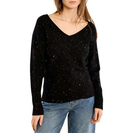 Pull noir orné de strasses avec une coupe droite un col V et des manches longues - Image 4