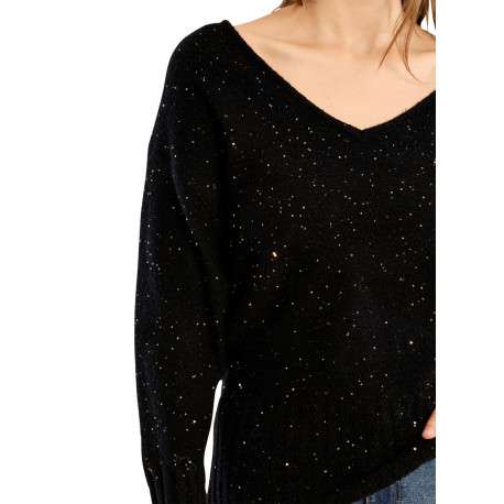 Pull noir orné de strasses avec une coupe droite un col V et des manches longues - Image 5