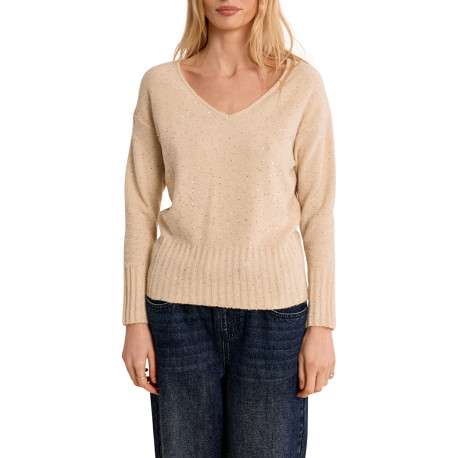 Pull écru à strasses pourvu d'une coupe droite et d'un col V
