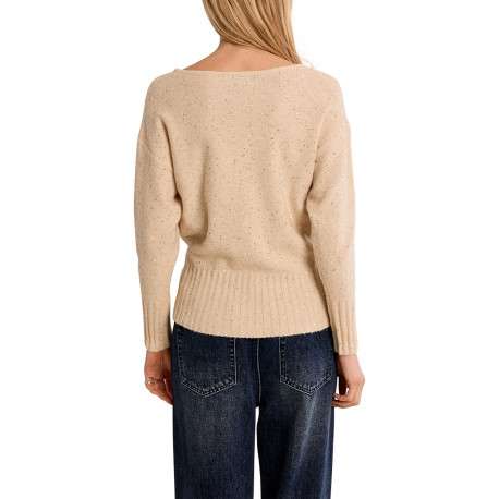 Pull écru à strasses pourvu d'une coupe droite et d'un col V - Image 3