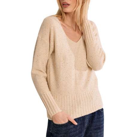 Pull écru à strasses pourvu d'une coupe droite et d'un col V - Image 4