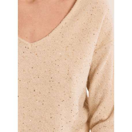 Pull écru à strasses pourvu d'une coupe droite et d'un col V - Image 5