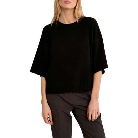 Pull noir uni à coupe droite muni d'un col rond et des manches 3/4 - Image 2