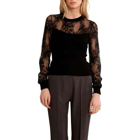 Pull noir uni orné de dentelle sur les manches à coupe droite et col rond