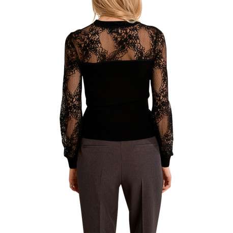 Pull noir uni orné de dentelle sur les manches à coupe droite et col rond - Image 4