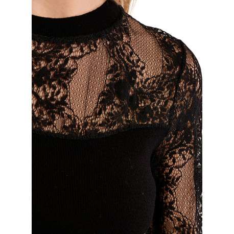 Pull noir uni orné de dentelle sur les manches à coupe droite et col rond - Image 5