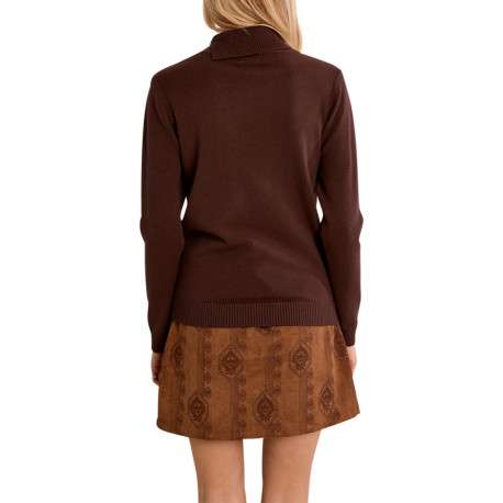 Pull marron uni pourvu d'une coupe droite et d'un col montant boutonné - Image 3