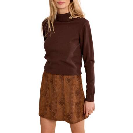 Pull marron uni pourvu d'une coupe droite et d'un col montant boutonné - Image 4