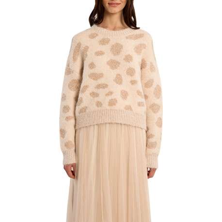 Pull écru à motifs léopard pourvu d'une coupe droite et un col rond