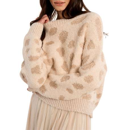 Pull écru à motifs léopard pourvu d'une coupe droite et un col rond - Image 4