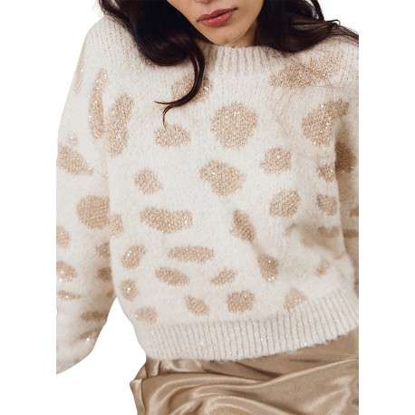 Pull écru à motifs léopard pourvu d'une coupe droite et un col rond - Image 5