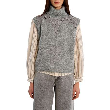 Pull gris à coupe droite doté d'un col montant et sans manches