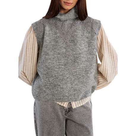 Pull gris à coupe droite doté d'un col montant et sans manches - Image 4