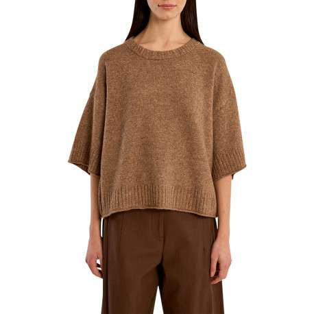 Pull camel uni à coupe droite doté d'un col rond et des manches 3/4