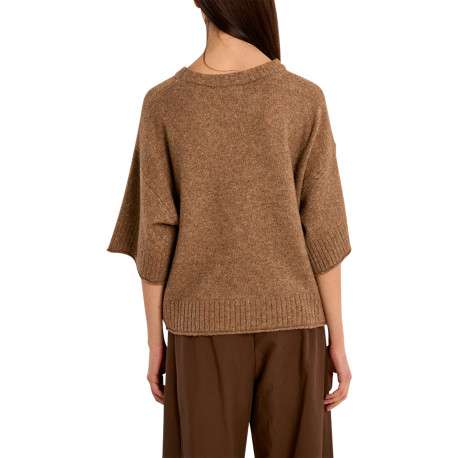 Pull camel uni à coupe droite doté d'un col rond et des manches 3/4 - Image 3
