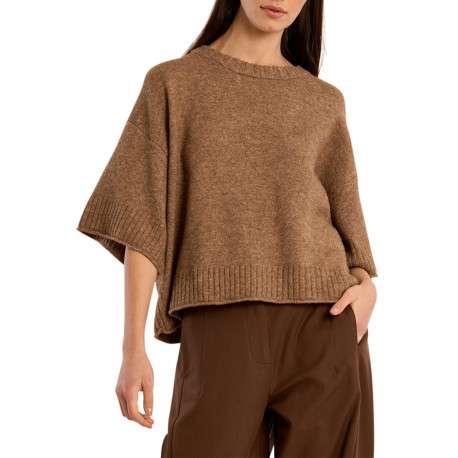Pull camel uni à coupe droite doté d'un col rond et des manches 3/4 - Image 4