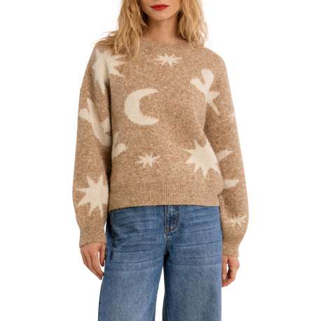 Pull beige uni avec une coupe droite et un col rond orné de motif